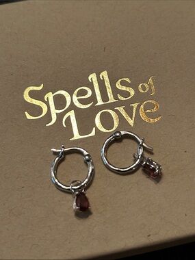 Spells of Love Garnet Teardrop Hoop Earrings, Sterling